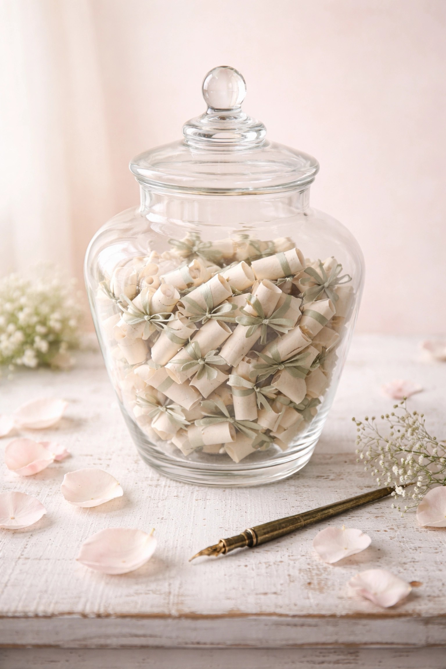 Message in a bottle guest book with scrolls and ribbons, perfect for Whitstable coastal weddings