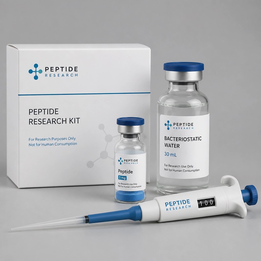 Clean and minimalist shot of a peptide research kit featuring blue powder and vials