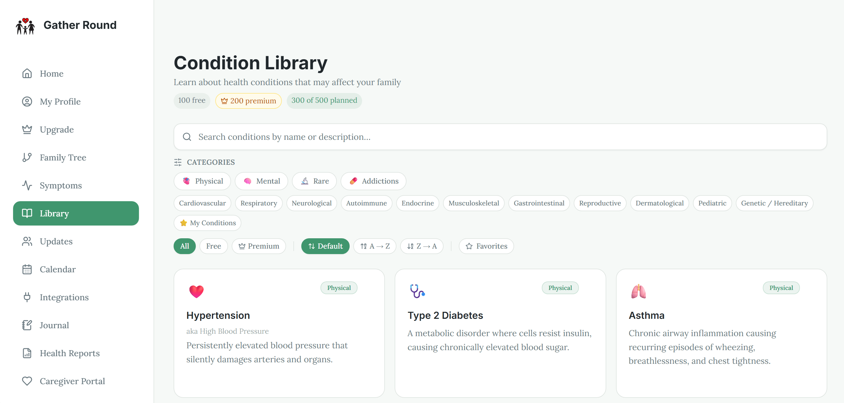 Gather Round PHA Condition Library with searchable health conditions and categories including physical, mental, rare, cardiovascular, and genetic or hereditary conditions