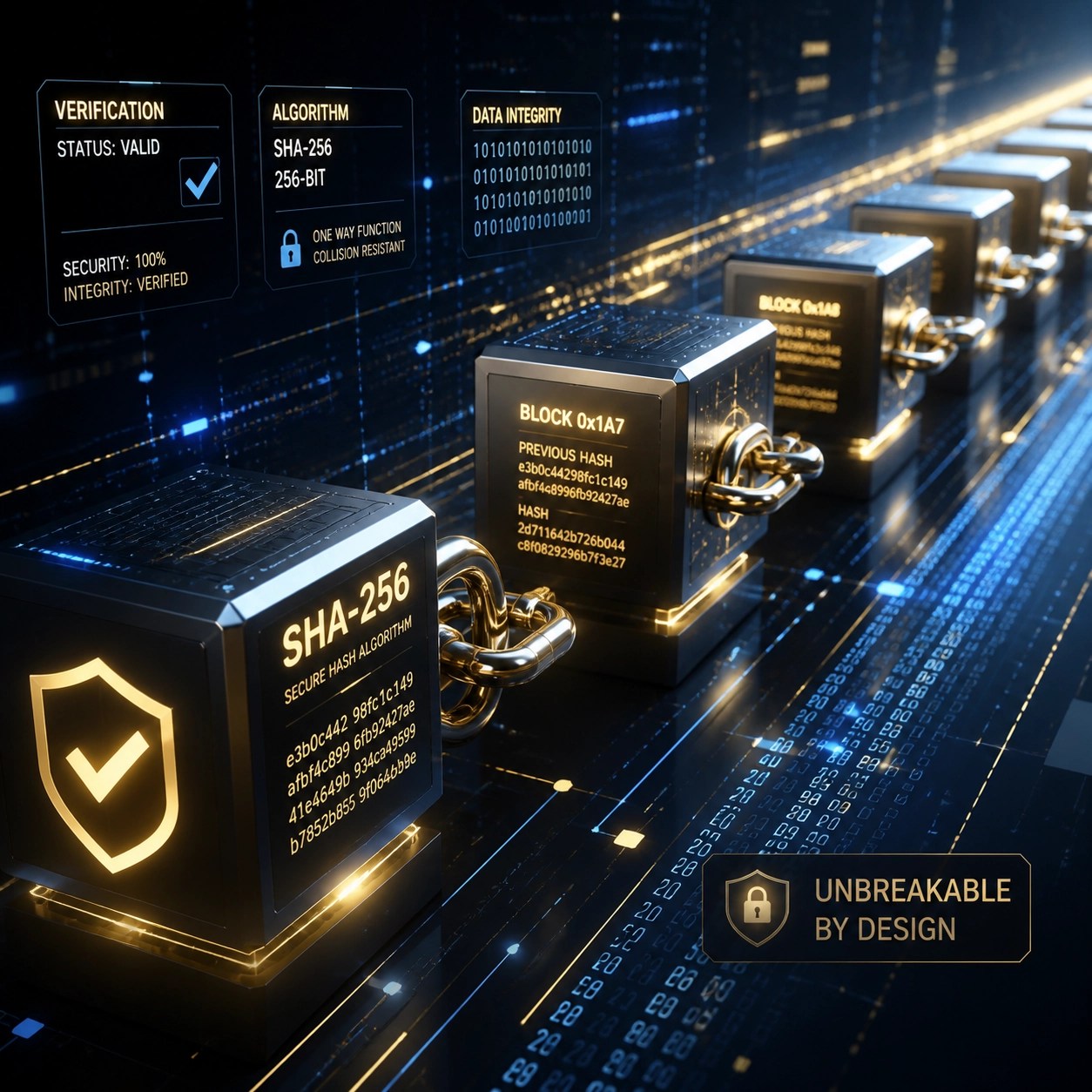 Cryptographic verification and SHA-256 hashing represented by glowing geometric lines forming an unbreakable chain.