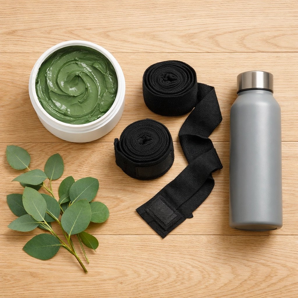CrossFit recovery kit featuring green clay for detox and healing alongside gym essentials.