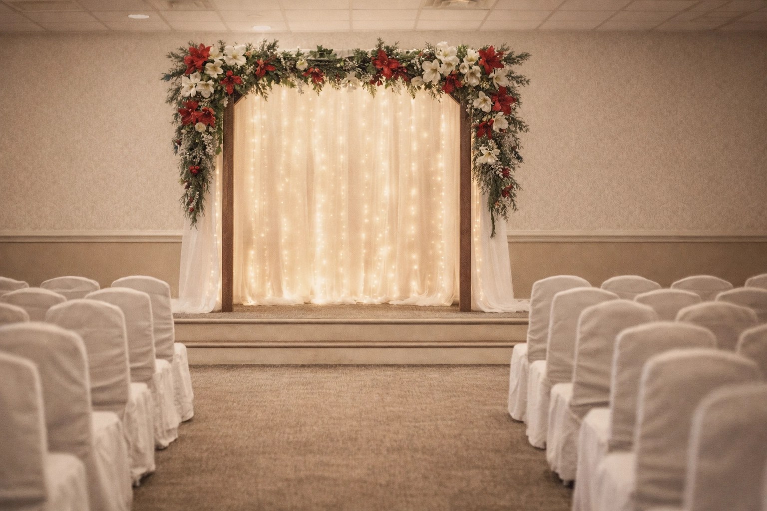 Winter ceremony arbor with amaryllis and evergreens in Price Creek Event Center’s indoor ceremony room near Cedar Rapids and Iowa City