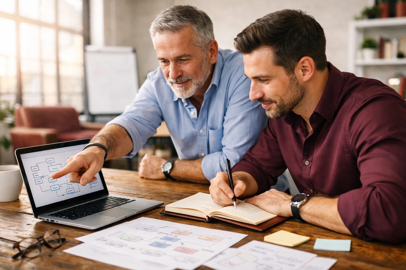 Fractional operations consultant and business owner collaborating on workflow strategies in a bright office.