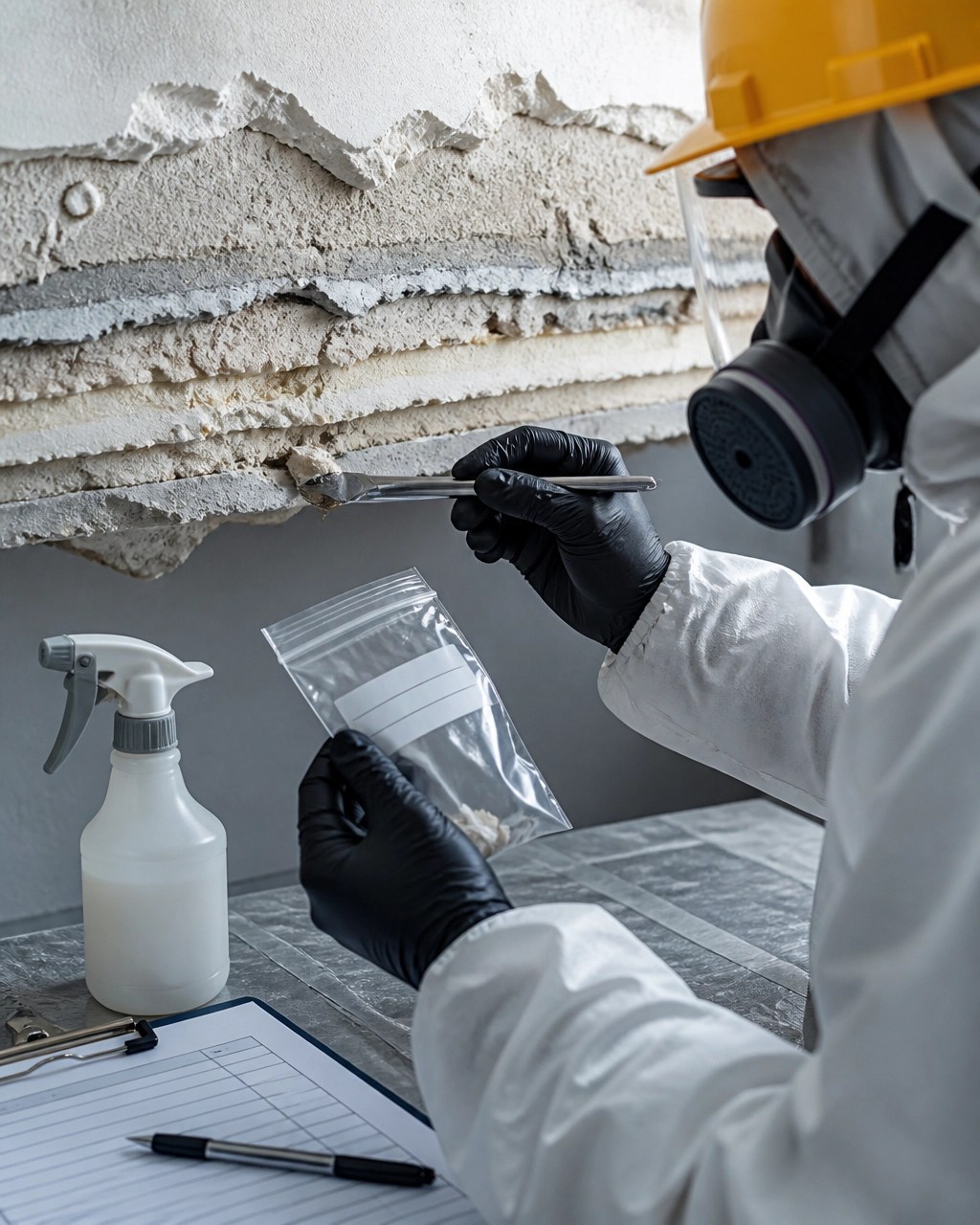 Asbestos inspector collecting a wet bulk sample from layered building material