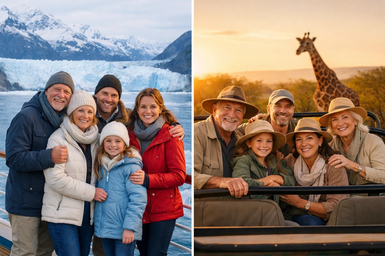 Multi-generational family comparing Alaska cruise and African safari luxury adventures