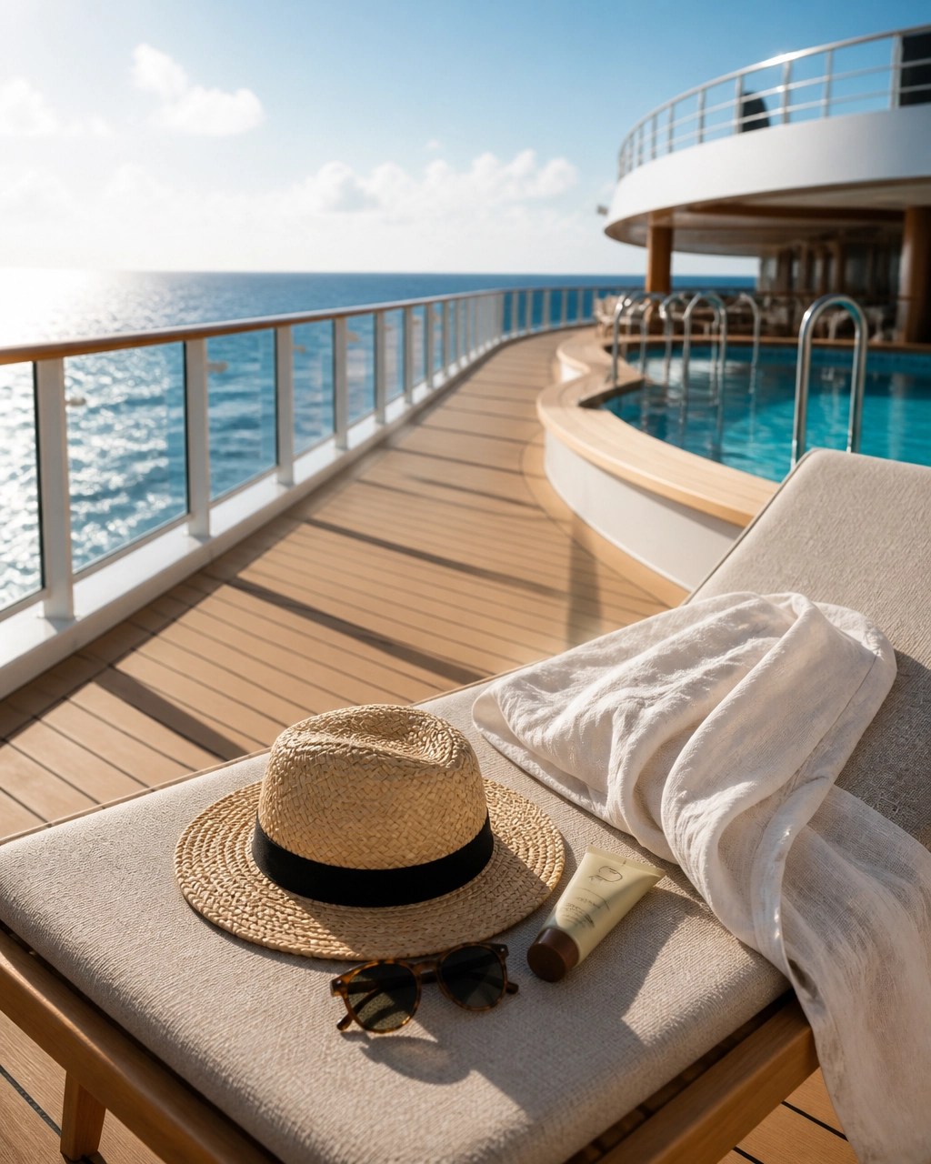 Sun-drenched cruise deck with a straw hat, sunglasses, sunscreen, and ocean views
