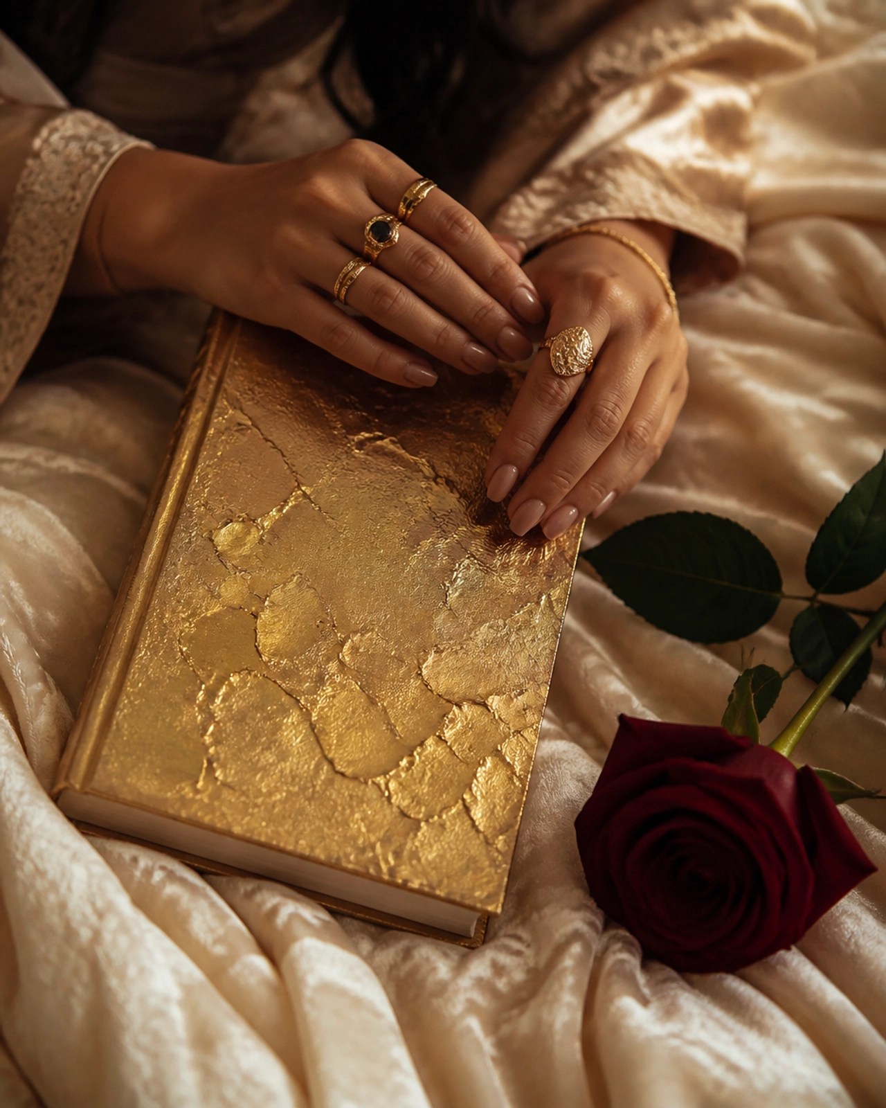 Close-up of elegant hands holding a gold-leafed journal on silk bedding, practicing magnetic scripting for love manifestation.