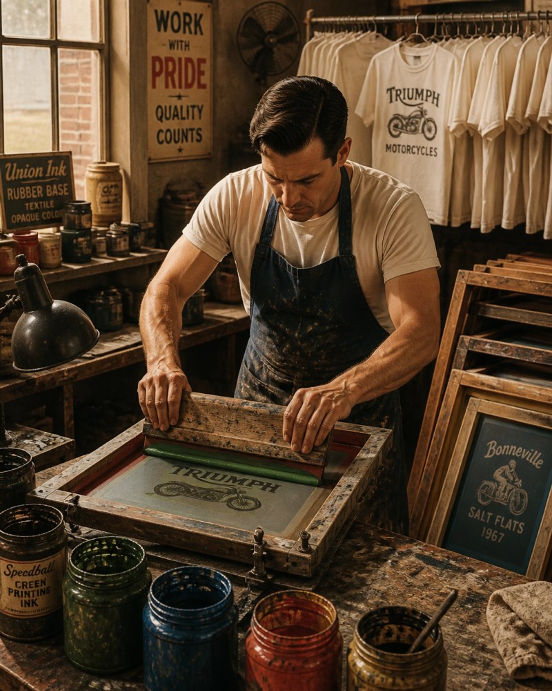 Vintage screen printing shop illustration showing the craft of manual printing