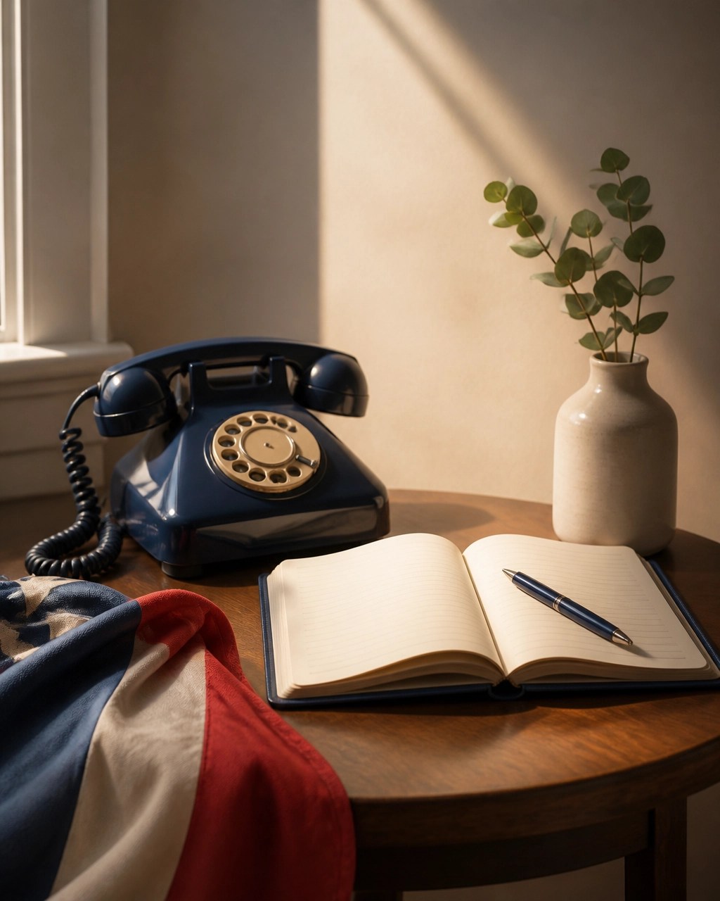 Vintage telephone beside an open notebook in a beam of afternoon light