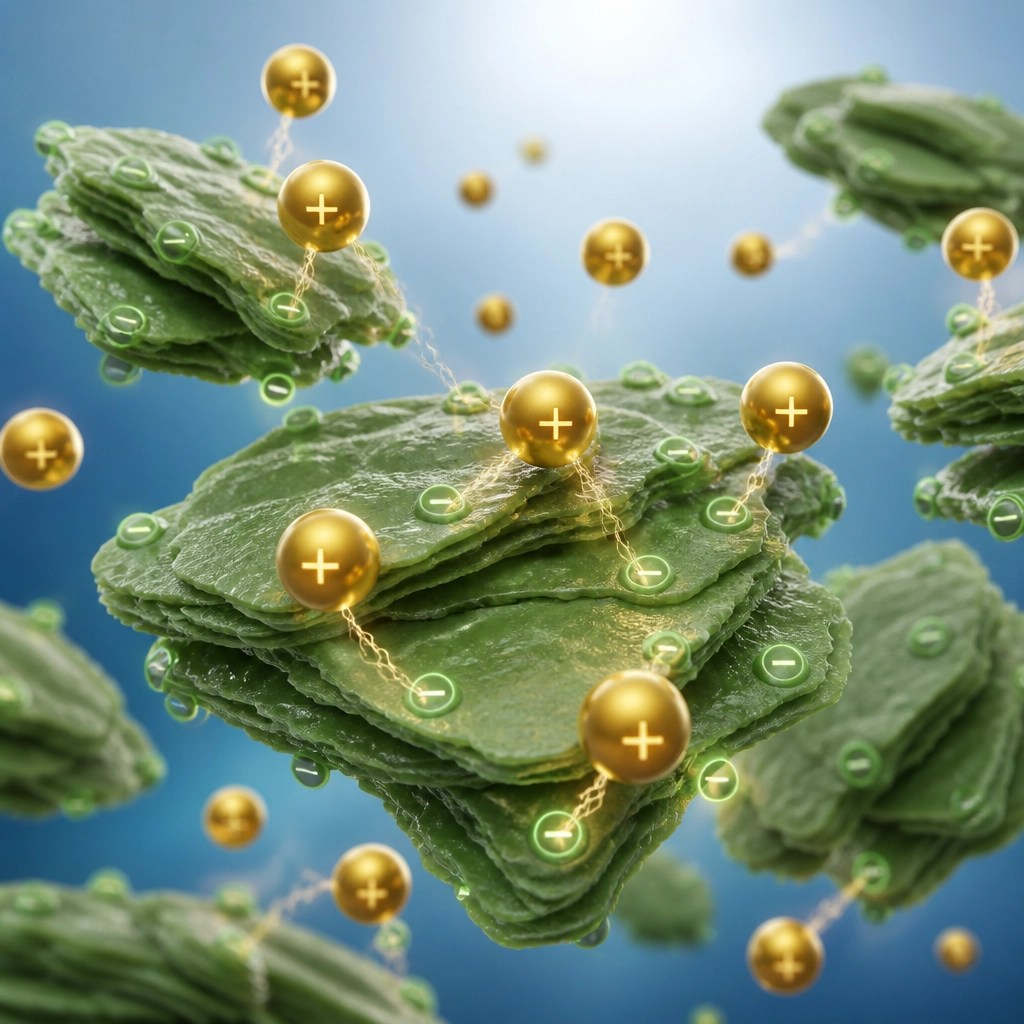 Illustration of negatively charged clay particles binding to toxins