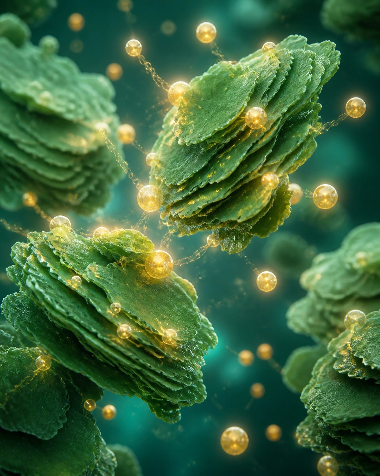 Microscopic rendering of green clay particles binding to toxins
