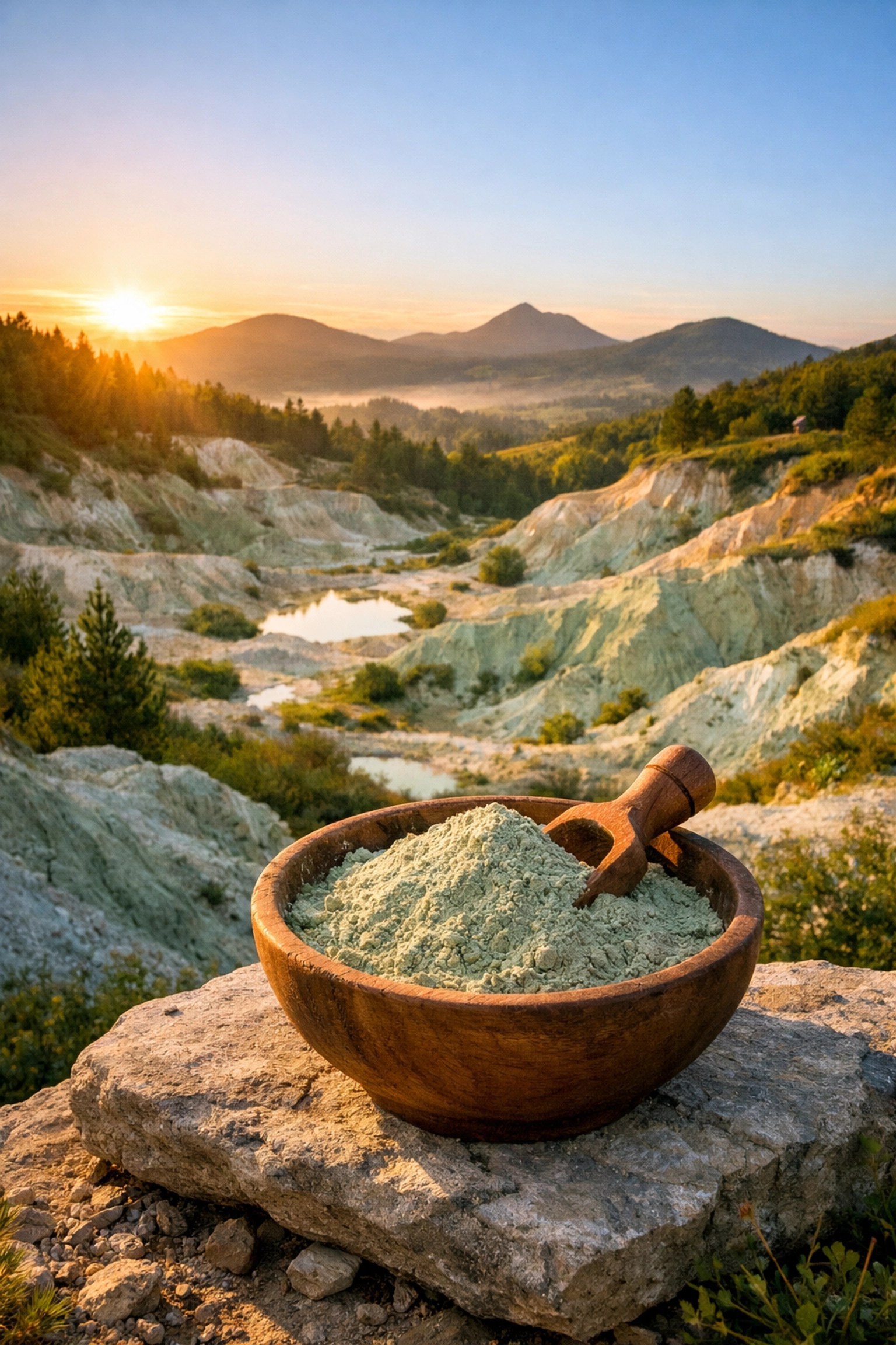 Fine food grade green clay powder in a wooden bowl at a natural French clay quarry.