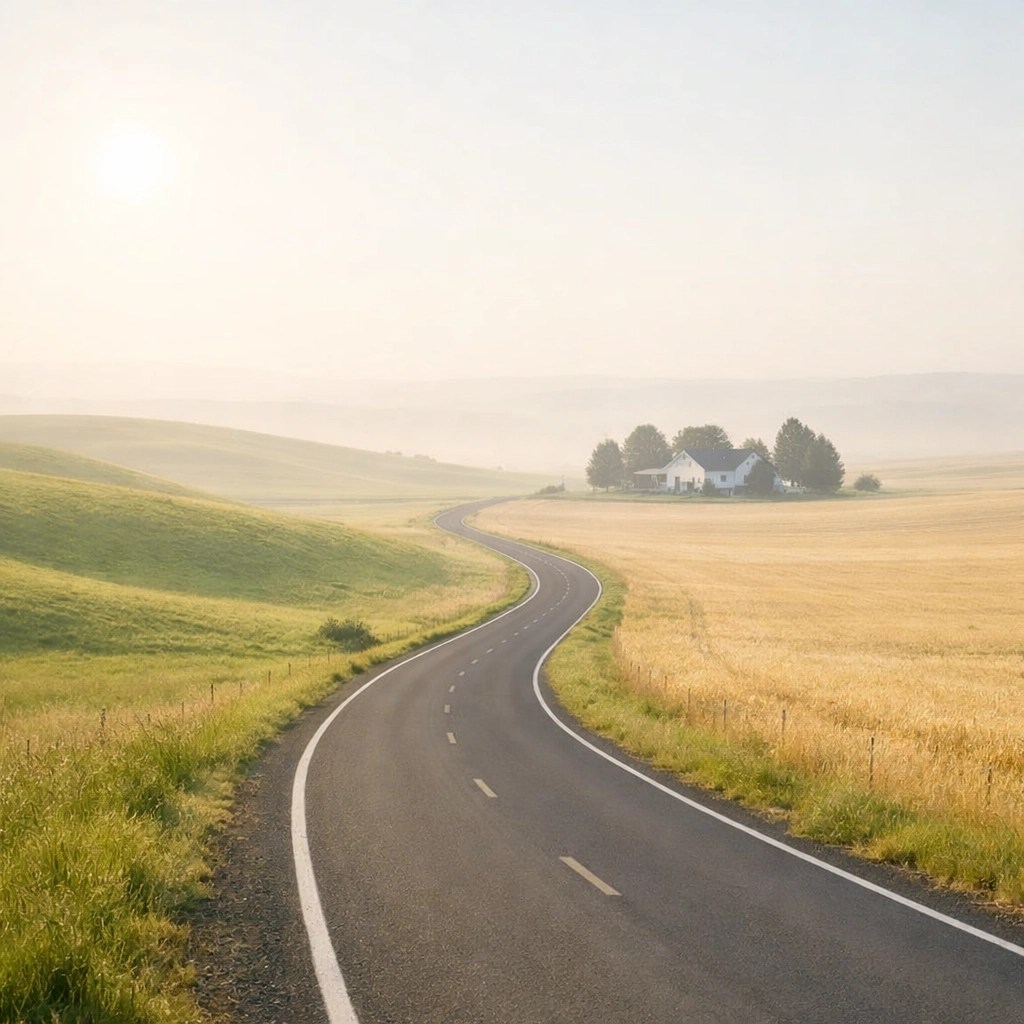 A winding road through remote farmland illustrating the isolation and distance barriers to rural healthcare.