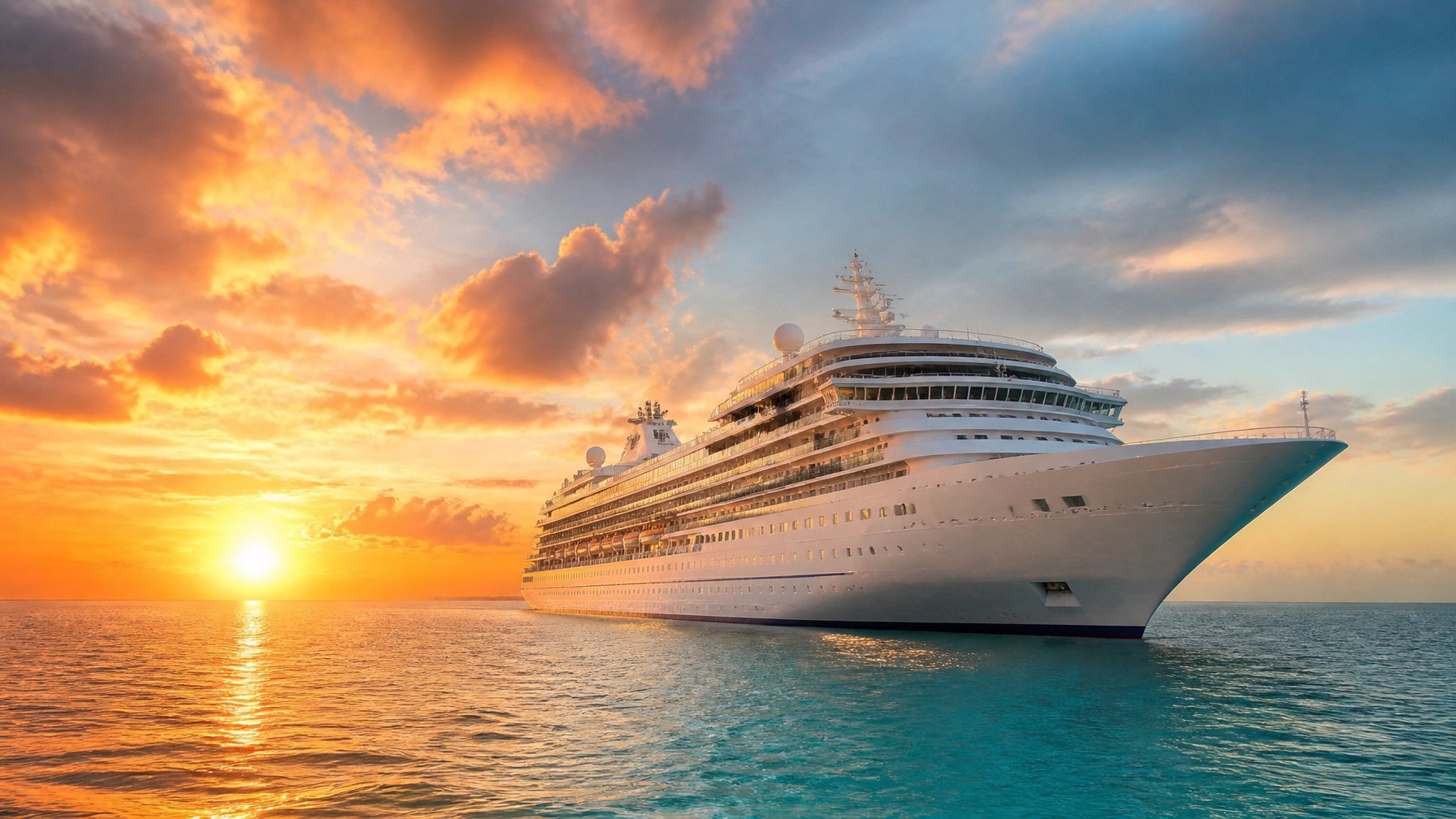 Luxury cruise ship sailing across turquoise water beneath a glowing tropical sunset