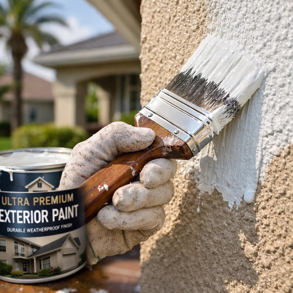 Professional painter applying premium exterior paint to stucco in Port St. Lucie