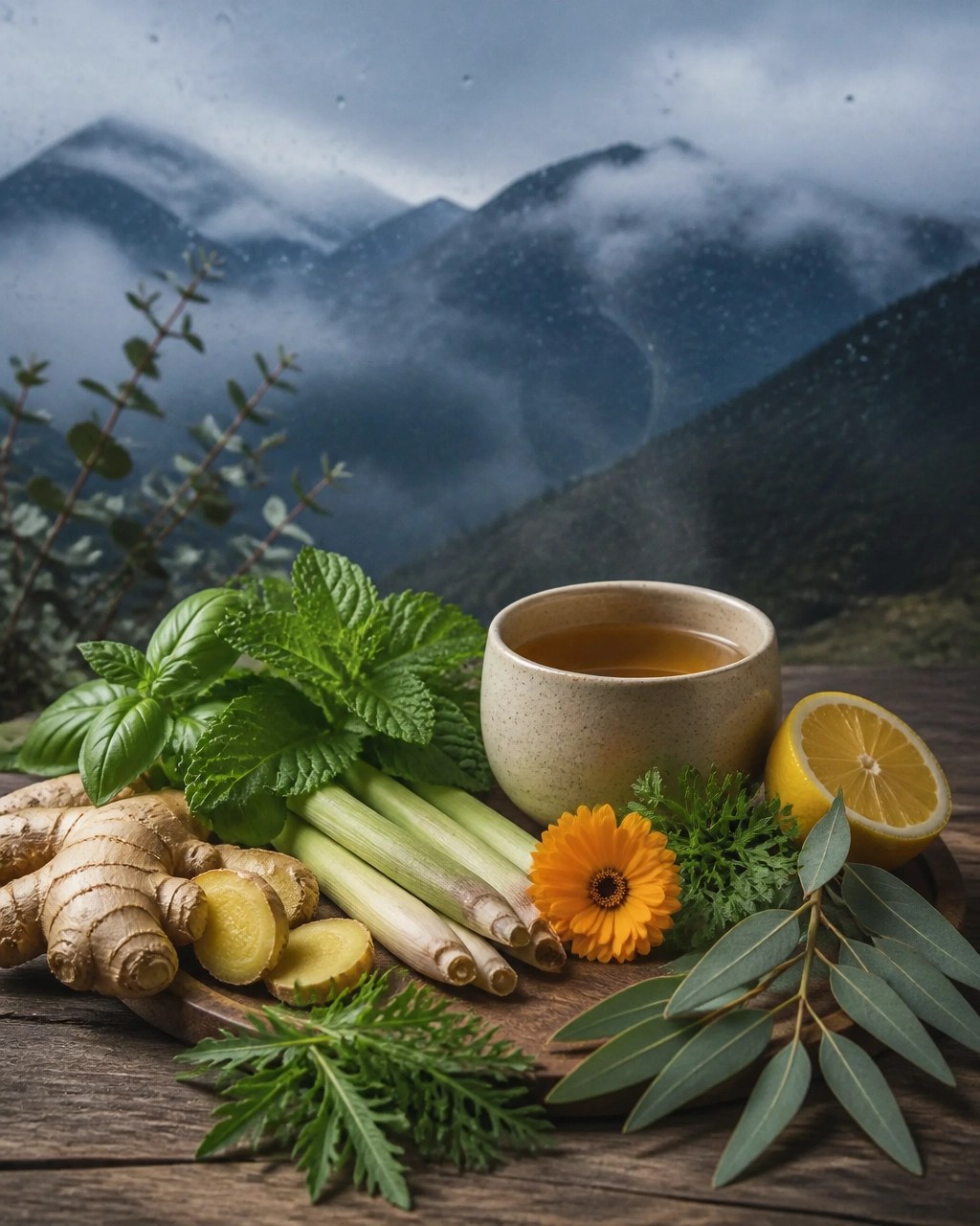 Jengibre, limonaria, yerbabuena, albahaca, caléndula, paico, eucalipto y limón dispuestos como plantas medicinales colombianas
