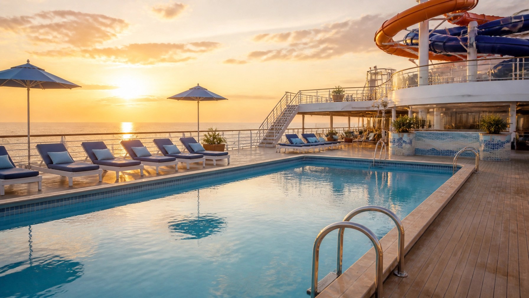 A pristine cruise ship deck with a family-friendly pool area at sunrise