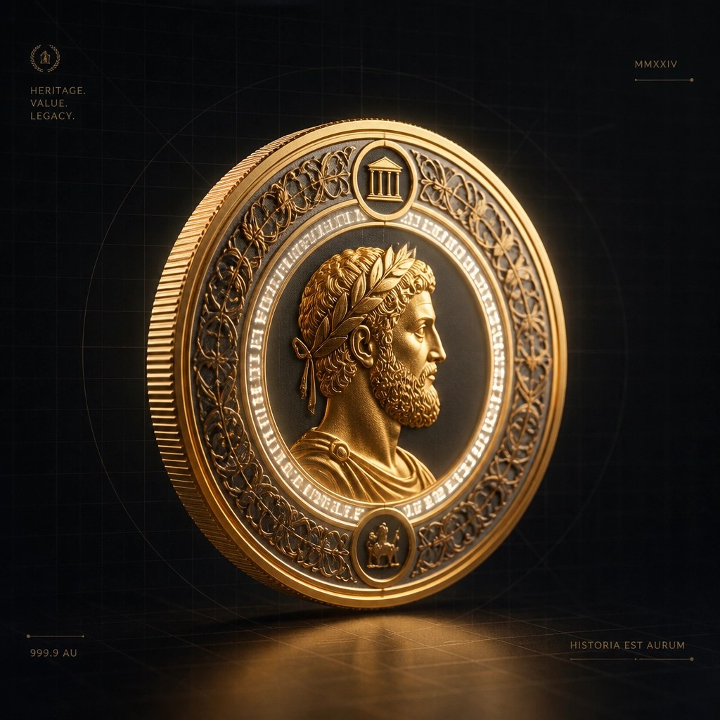 A high-end 3D render of a floating gold coin representing numismatic and historical value in a digital context.