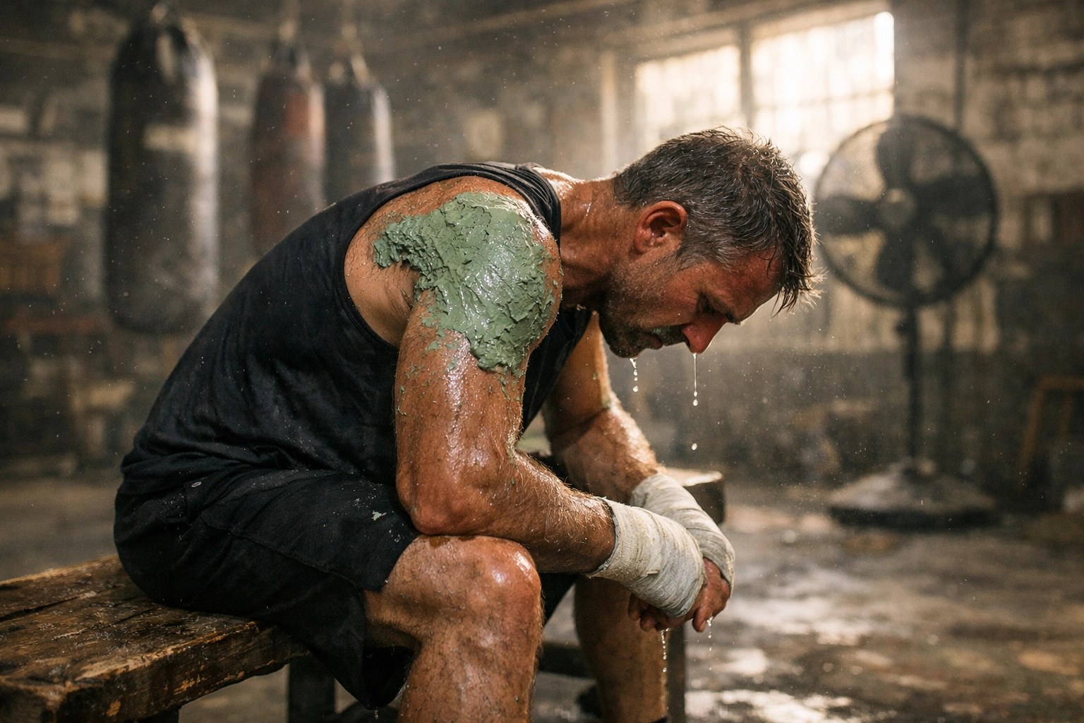 Professional athlete using medicinal clay for shoulder recovery after an intense gym session.