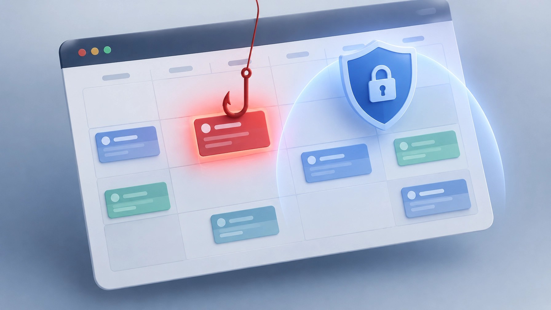 A digital calendar grid with one event card compromised by a phishing hook and a shield protecting the rest