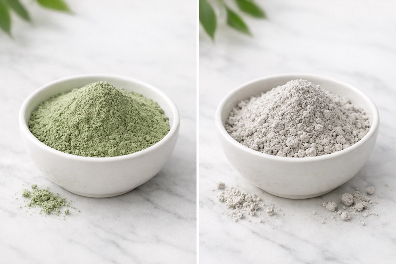 French green clay powder and bentonite clay powder side by side comparison in bowls