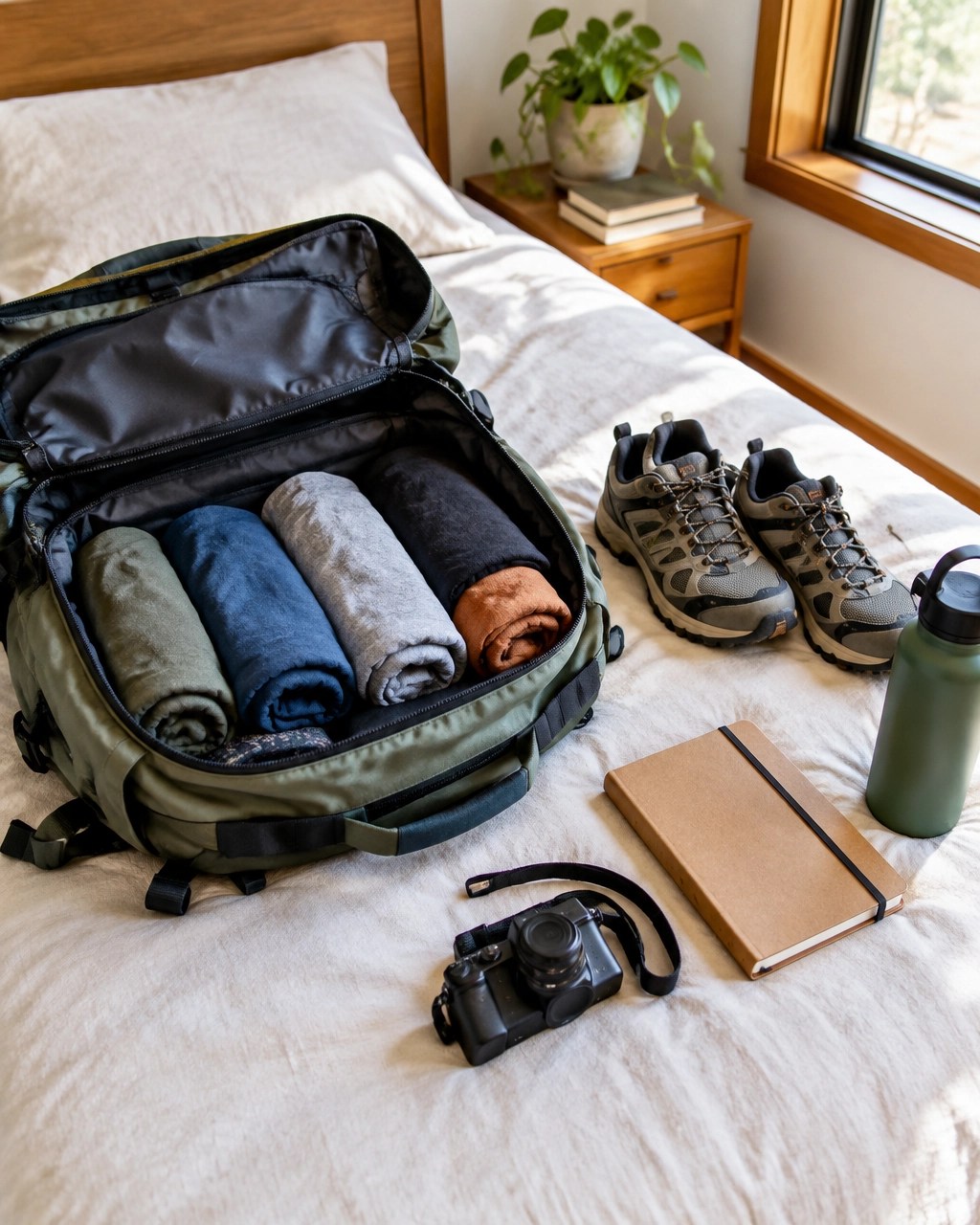 Lightweight weekend backpack packed with versatile clothing and travel essentials