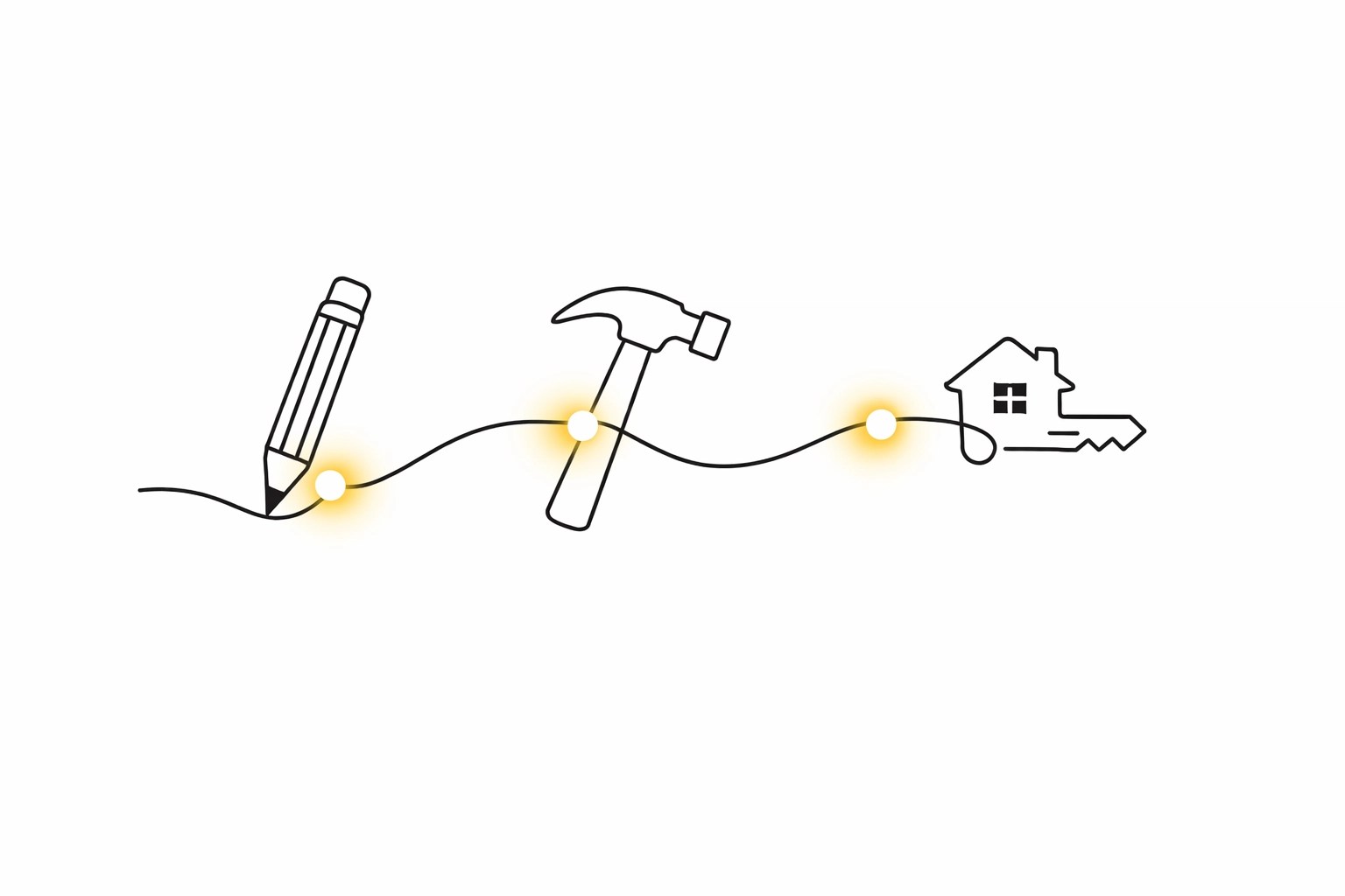 Minimalist icons representing an integrated custom home construction process from design to completion.