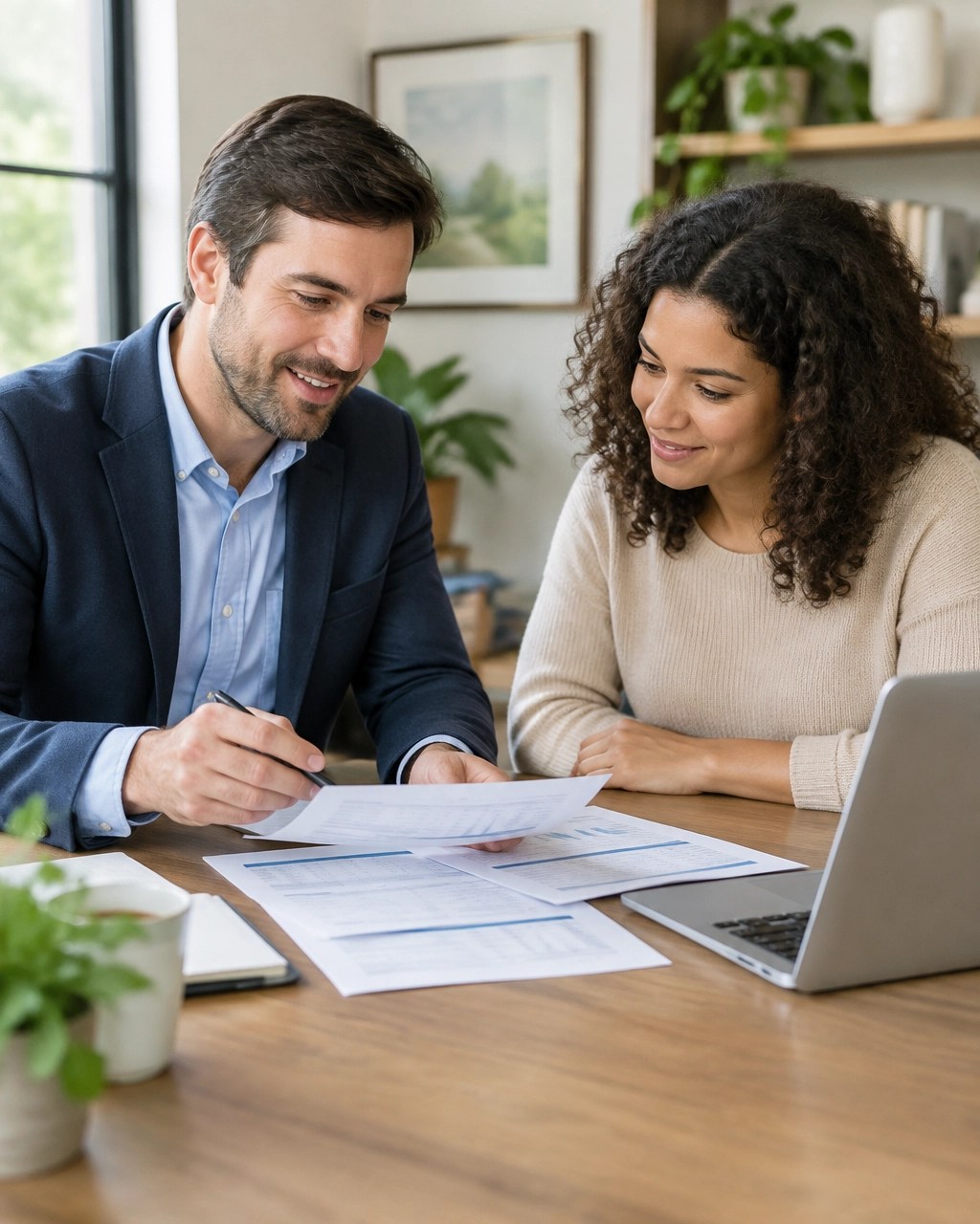 Mortgage professional and homebuyer comparing loan estimate documents