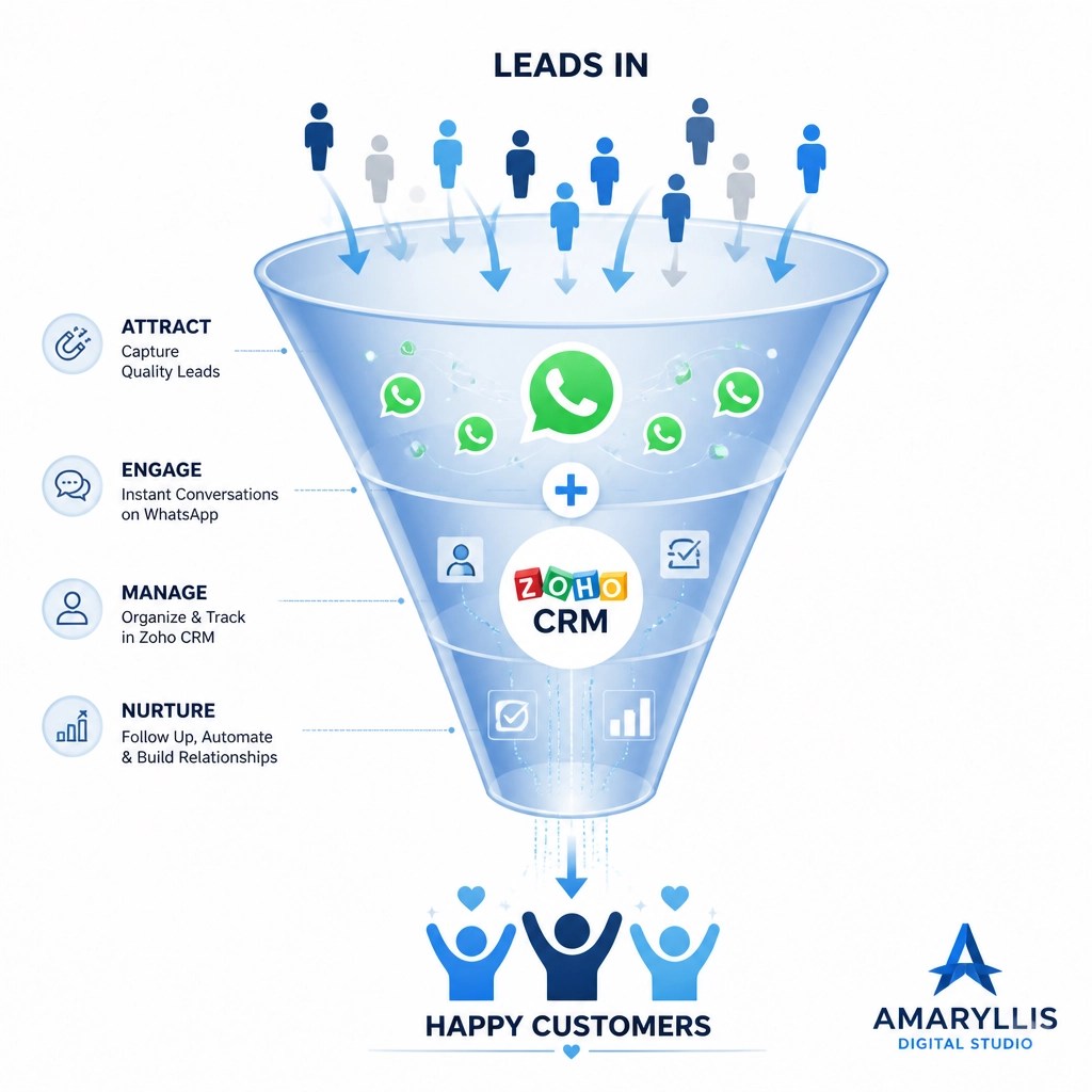 An infographic showing a lead funnel where prospects flow into a CRM and emerge as happy customers through automated WhatsApp follow-ups.