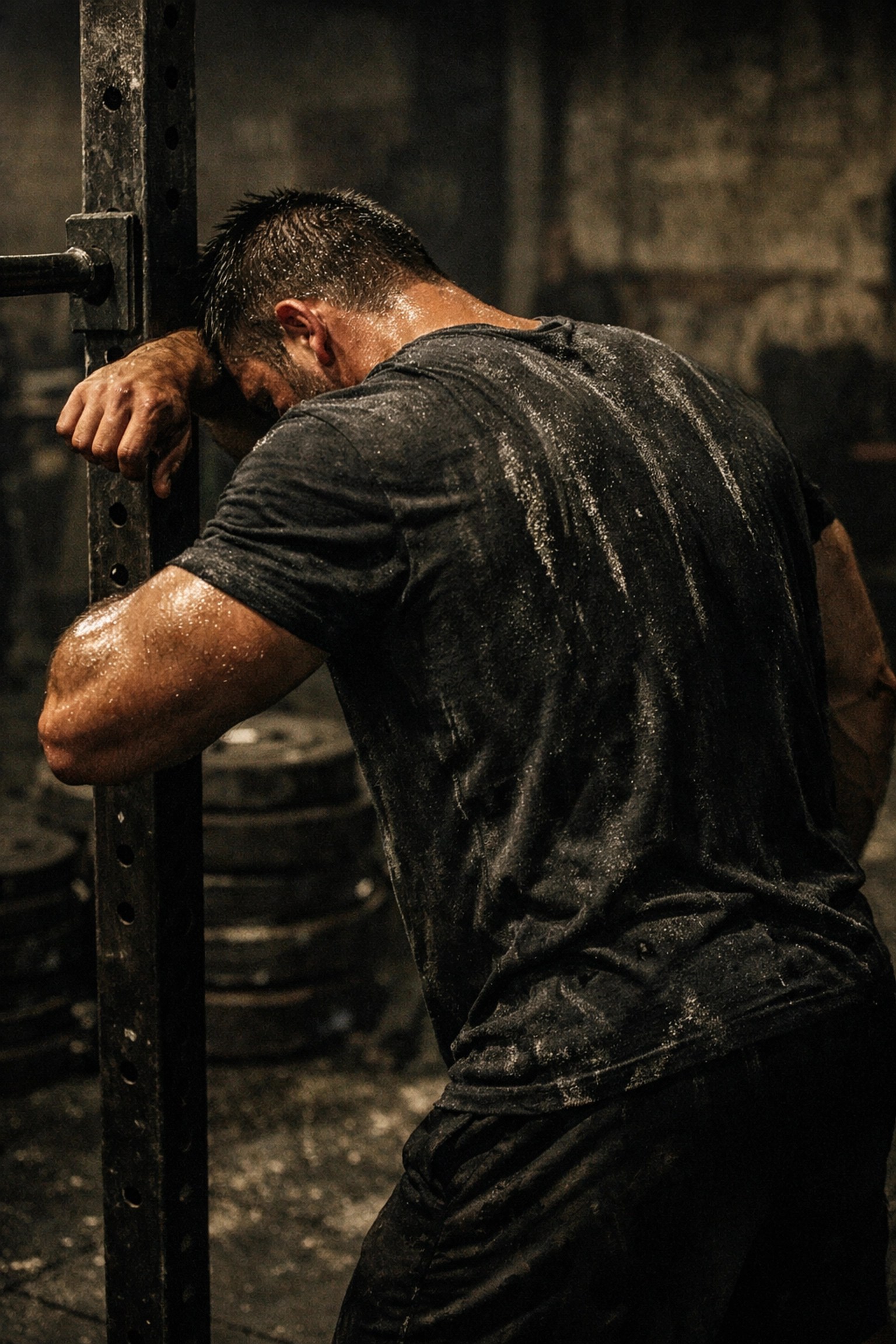 Exhausted athlete leaning against a gym rack after a high-intensity chest workout to stimulate muscle growth.
