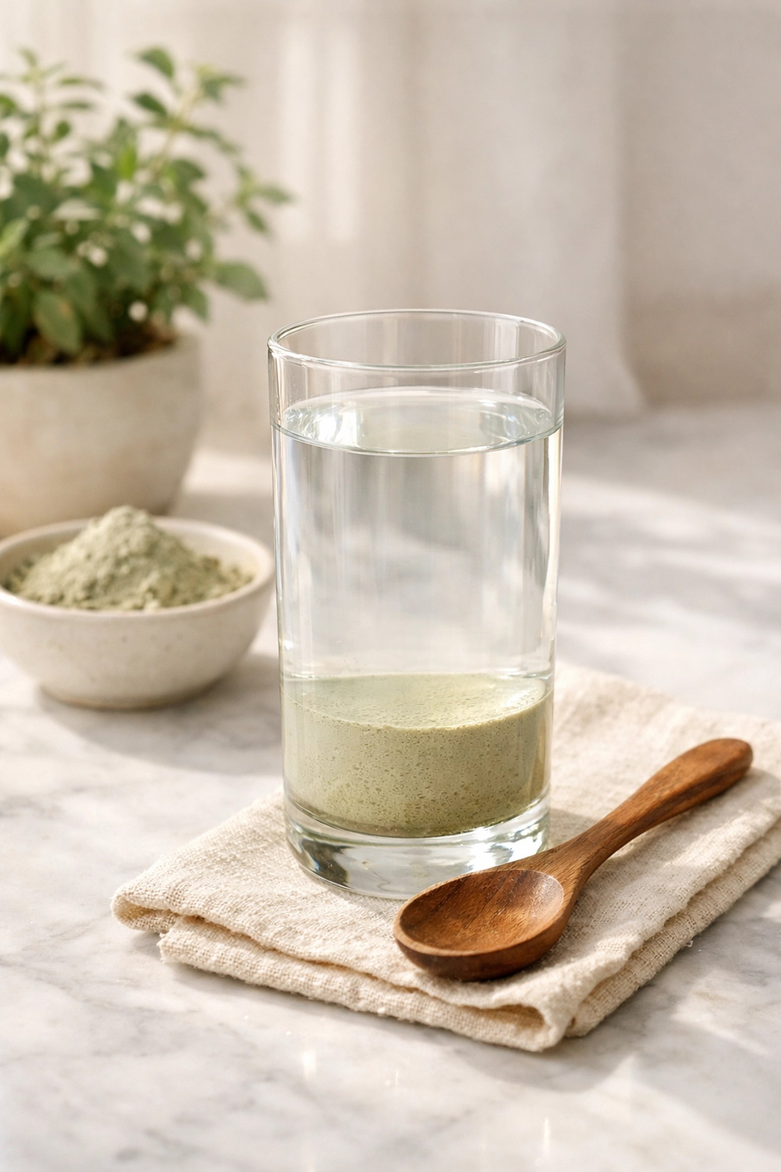 A glass of settled green clay water and a wooden spoon for a natural clay detox protocol.
