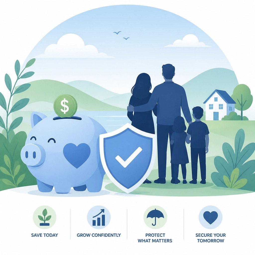 Illustration representing financial peace of mind with a piggy bank and family silhouette.
