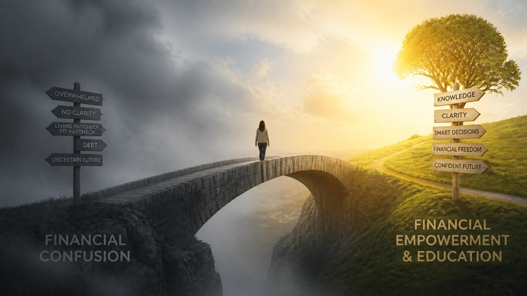 A bridge connecting a foggy side representing financial confusion to a bright, sunlit side representing financial empowerment.