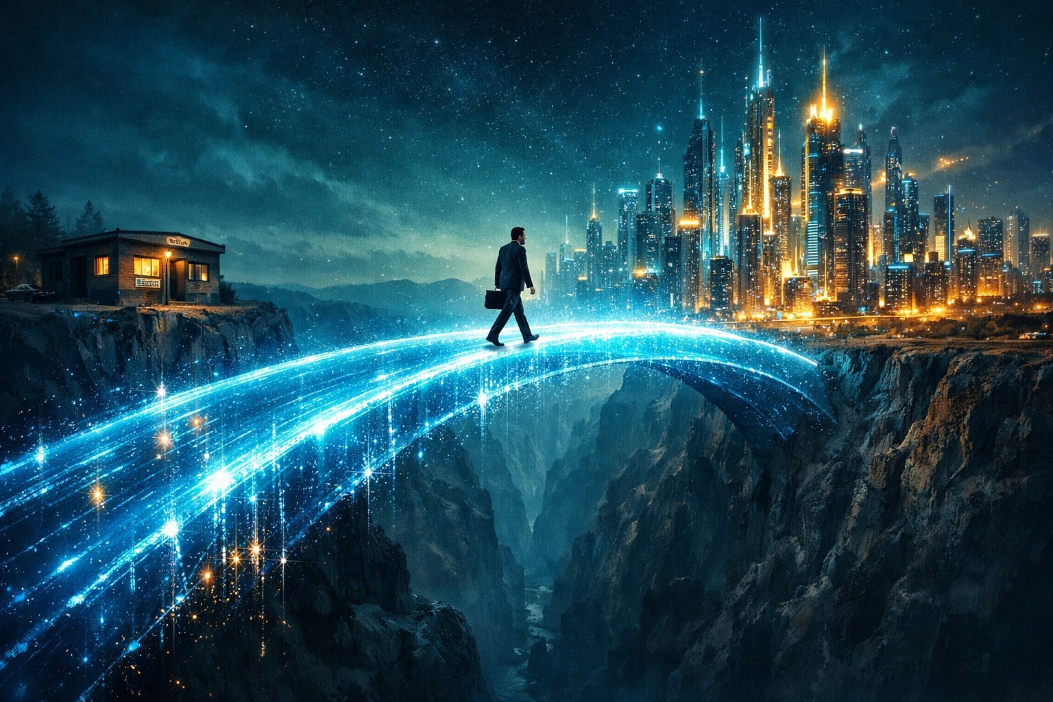Entrepreneur crossing a bridge toward a city, representing growth through a business funding framework.