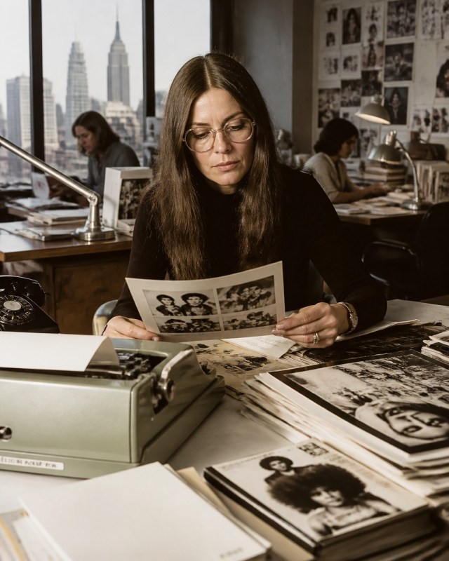 Original editorial scene representing Gloria Steinem's 1970s journalism and magazine work