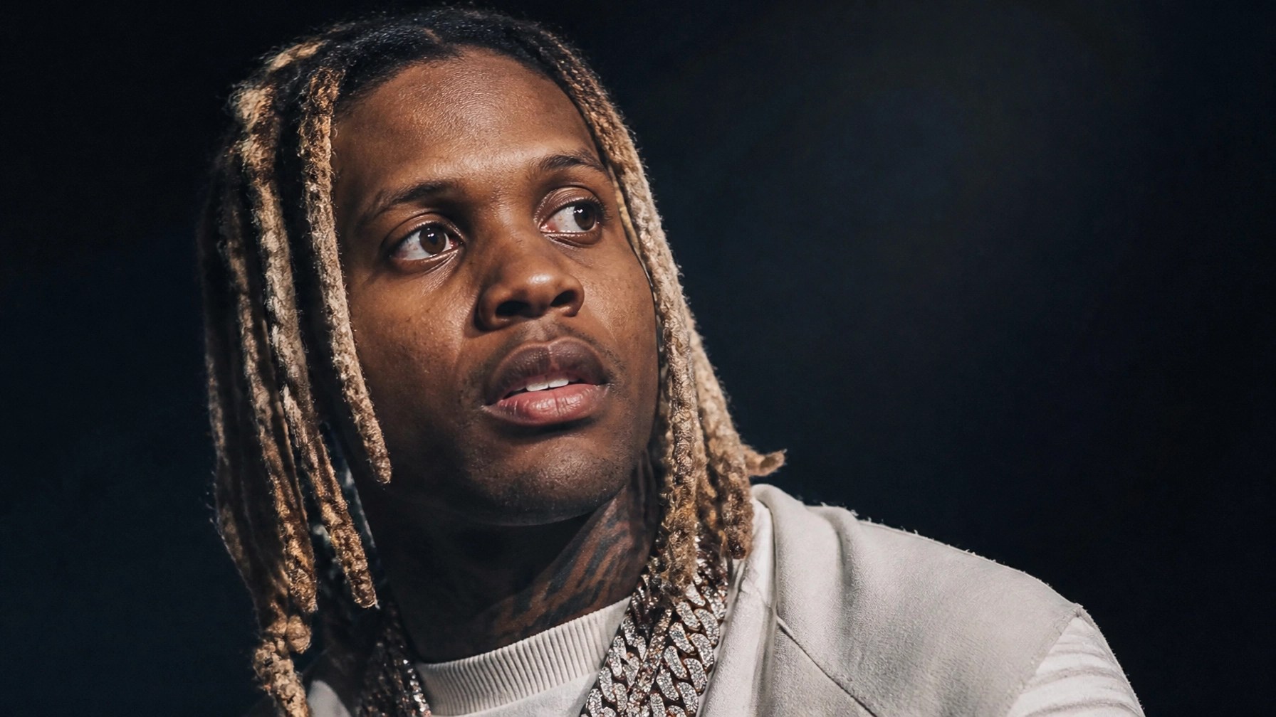 Close-up editorial portrait of Lil Durk under dramatic lighting