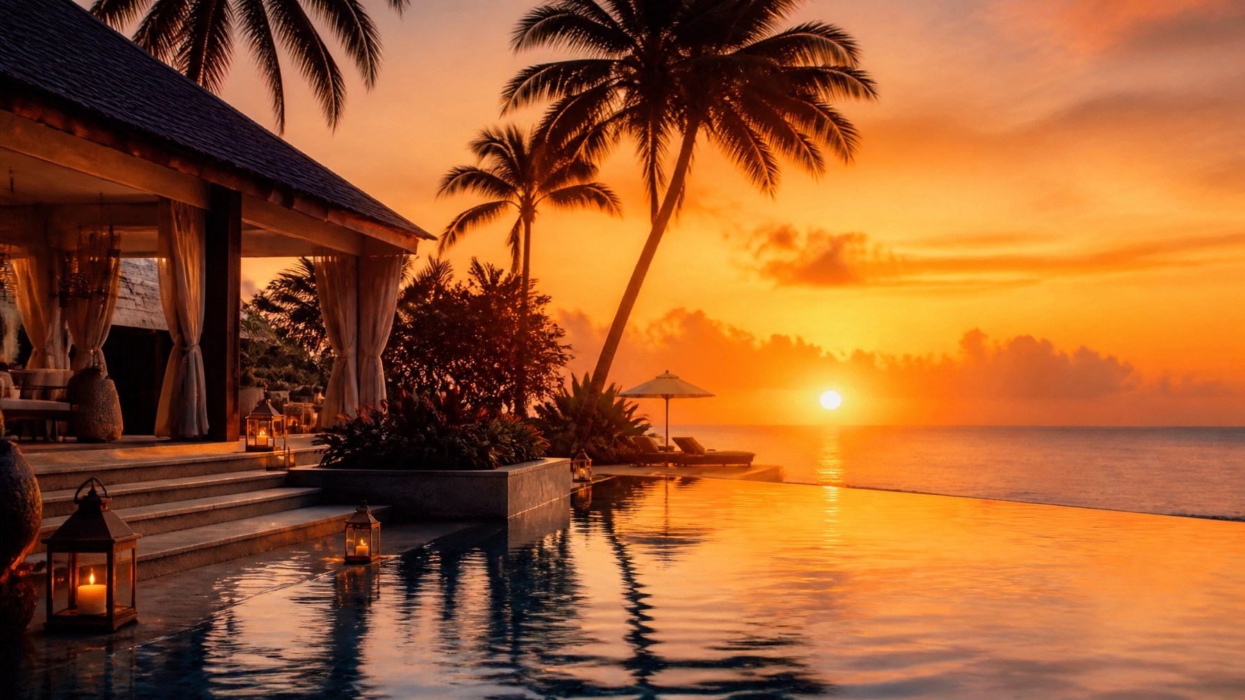 Tropical resort sunset with palm trees at Curaçao Marriott Beach Resort.