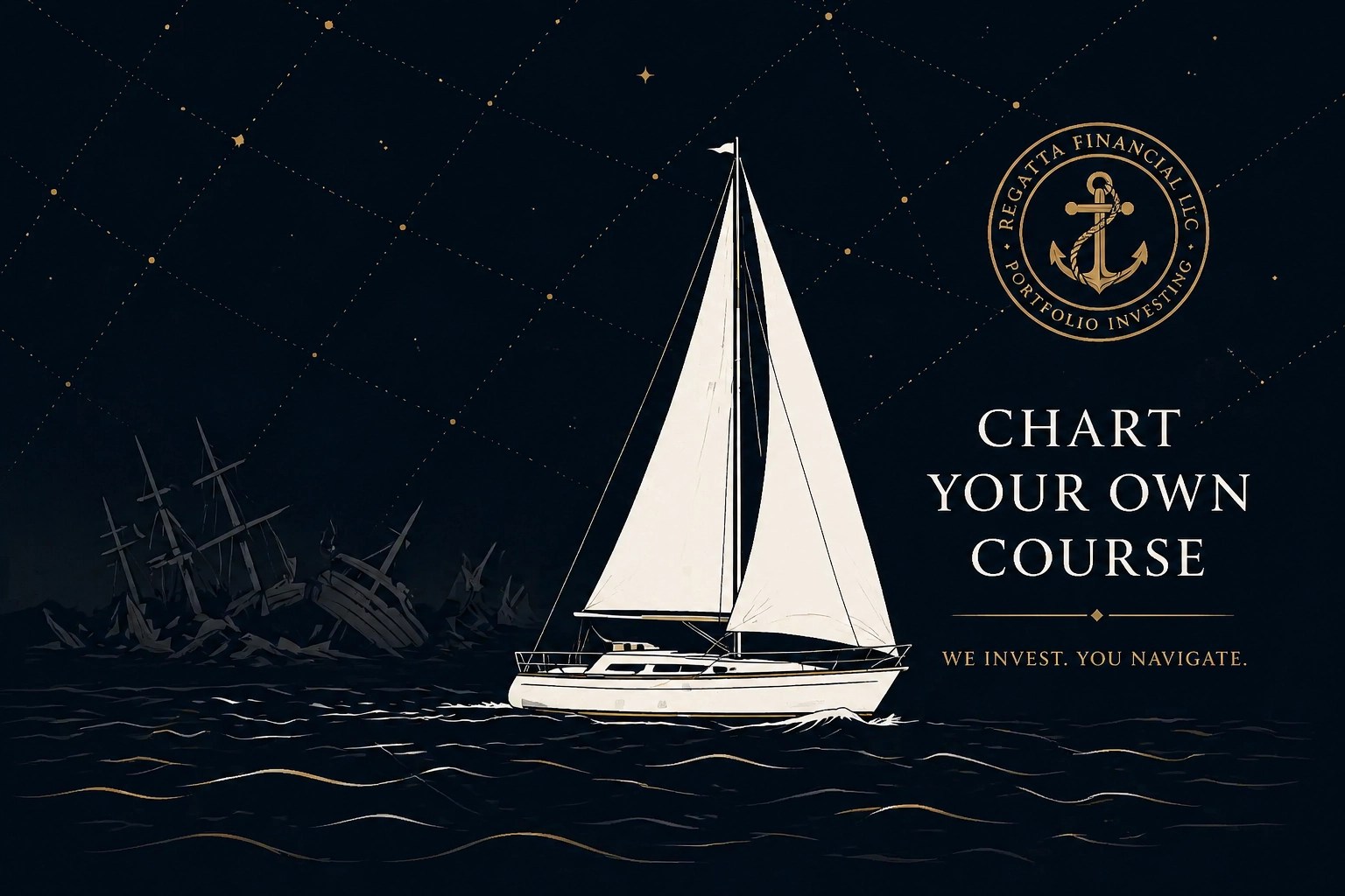 A single white sailboat navigating a dark sea, away from sinking ships, in a minimalistic vector style.