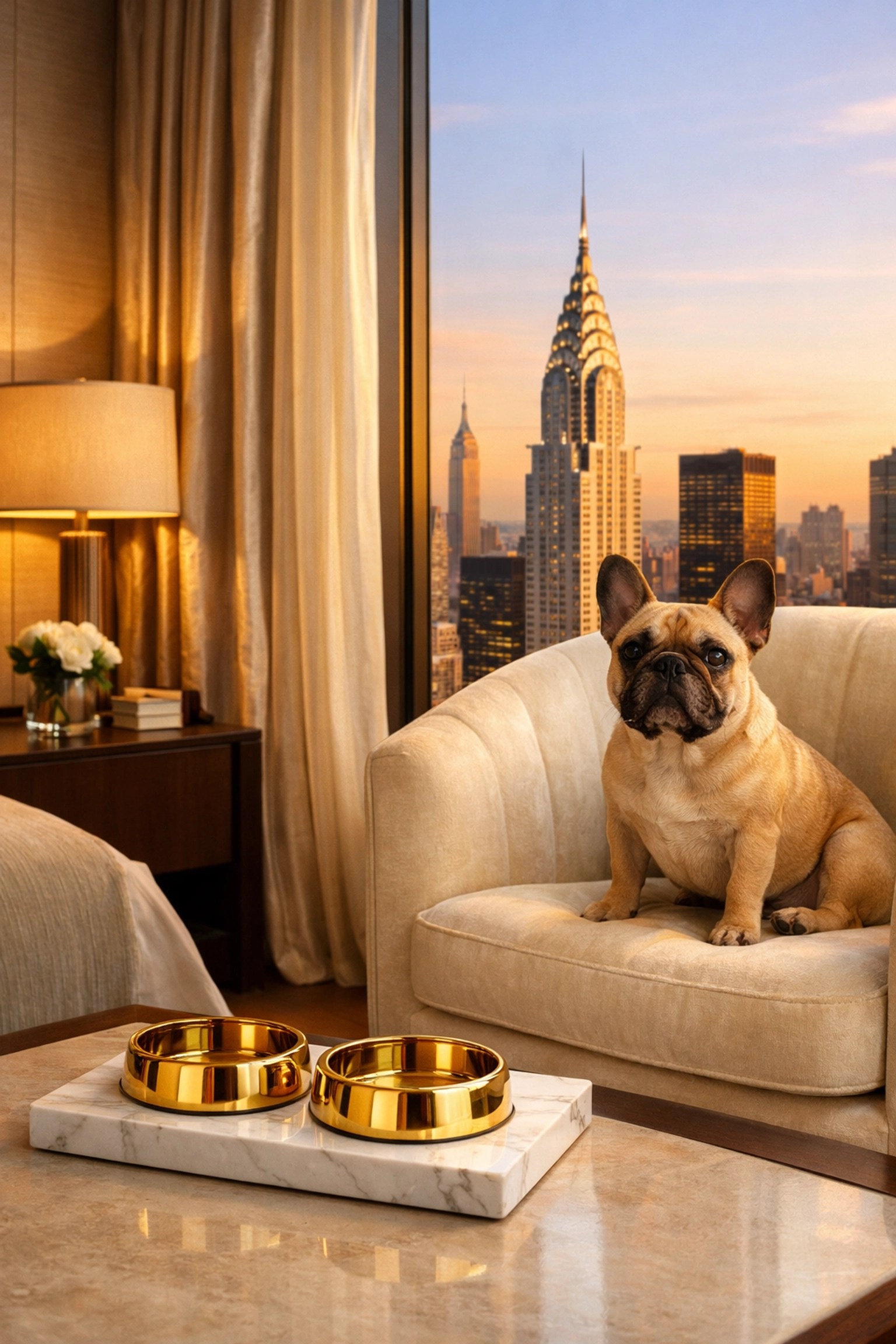 French Bulldog in a luxury NYC hotel suite illustrating personalized vacation planning for pet owners.