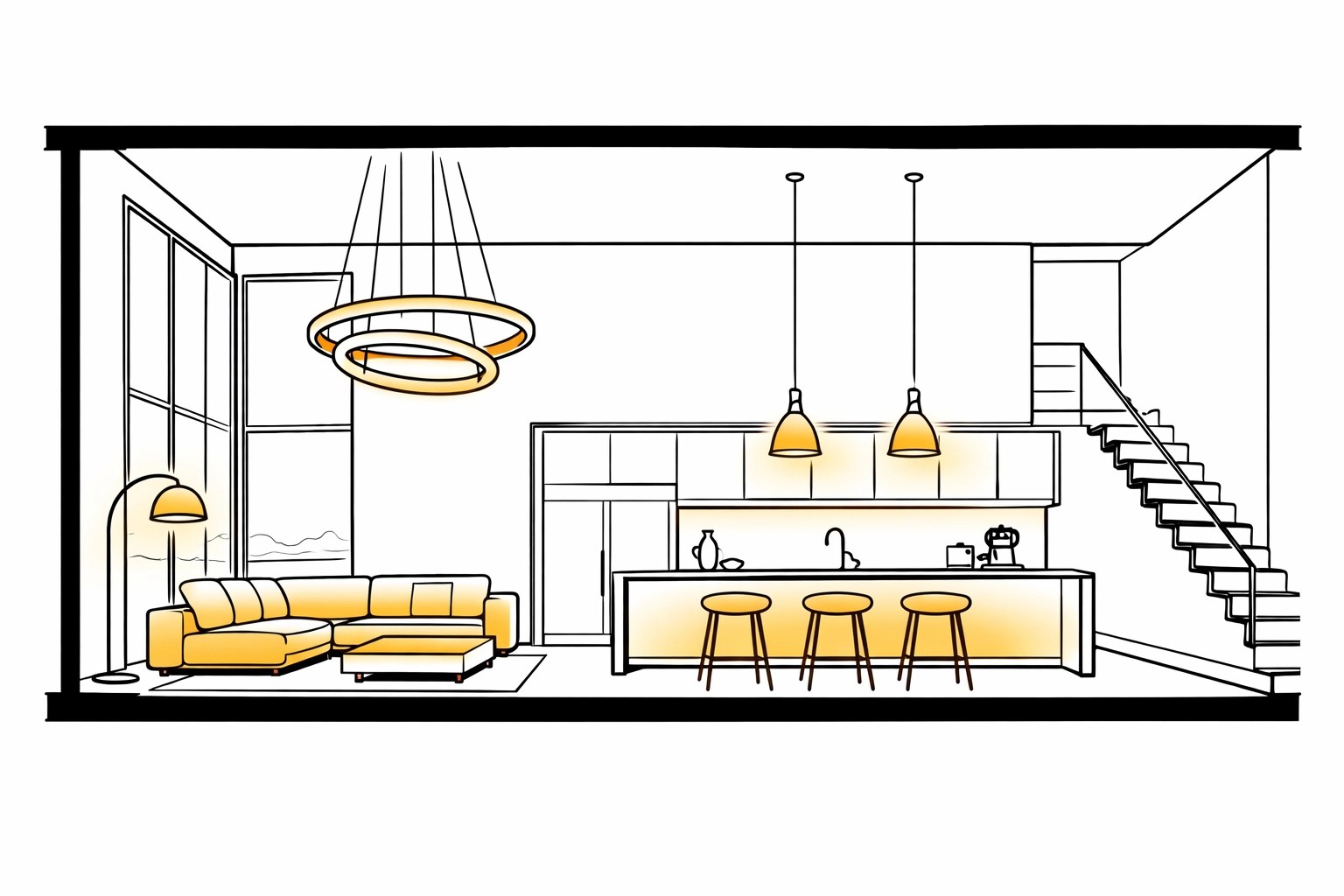 Modern interior of a fully customized home with luxury finishes and open-concept design.