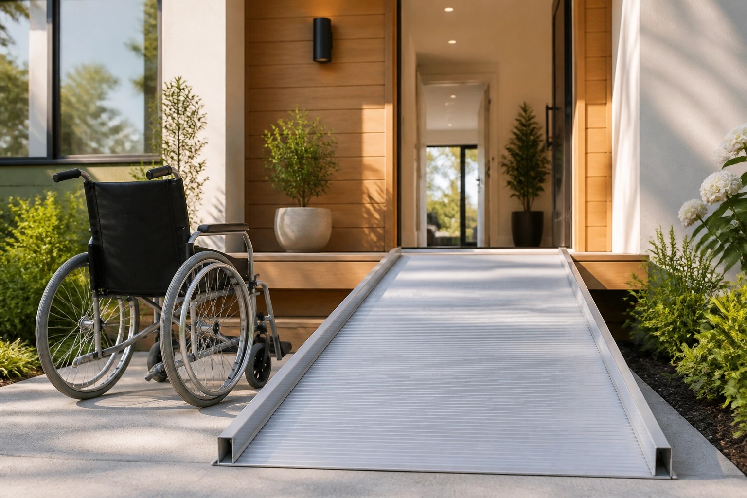 Modern aluminum wheelchair ramp at a home entrance ensuring easy access for medical transport.