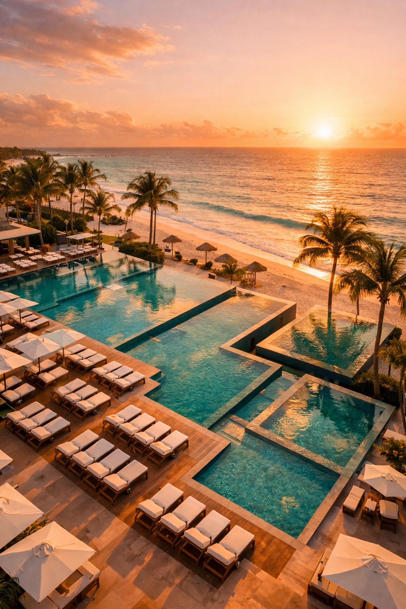 Luxury infinity pool at new Cancun all-inclusive resort with Caribbean ocean views at sunset
