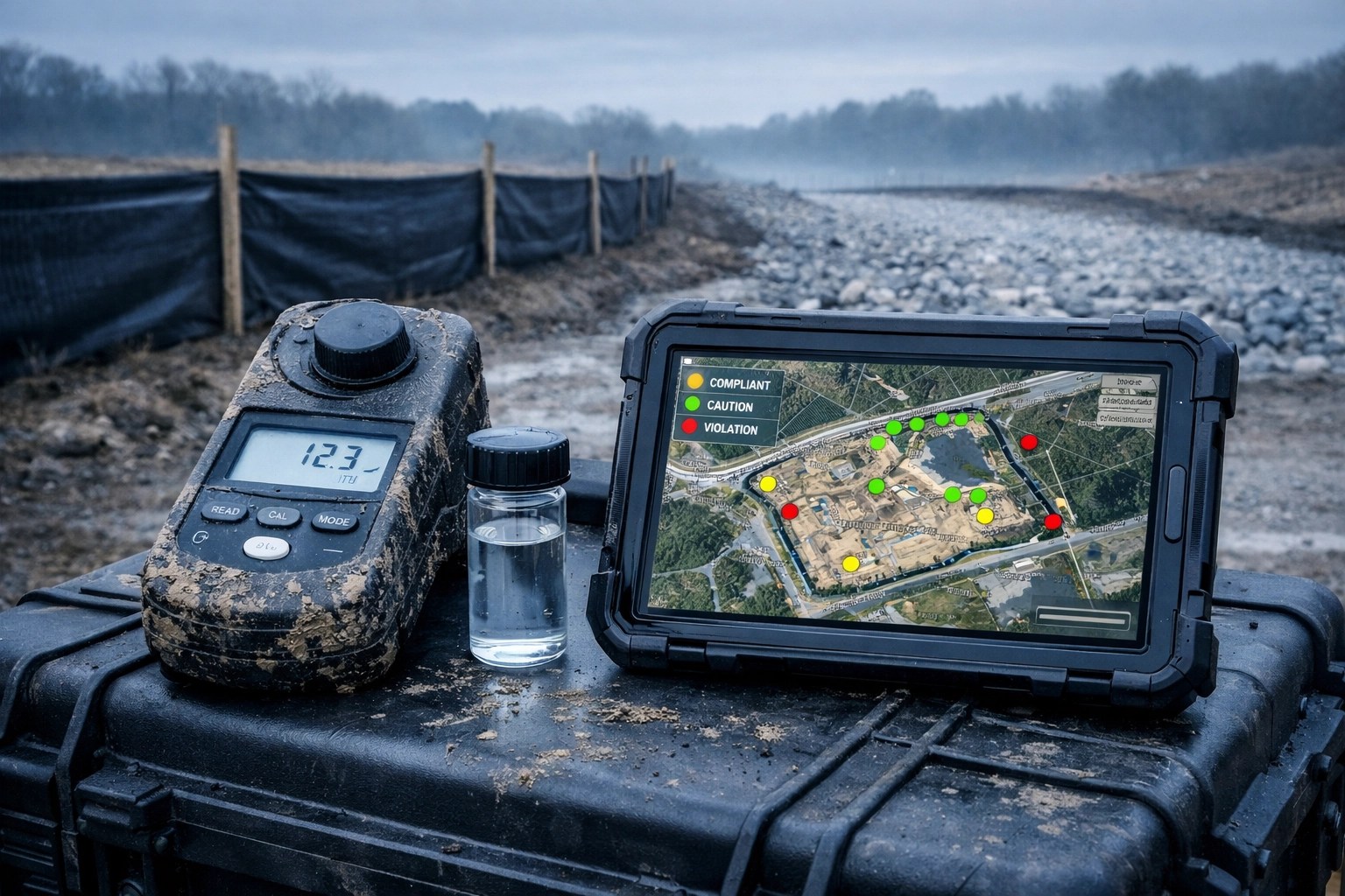 Field environmental monitoring tools and GIS tablet ensuring SWPPP compliance and construction oversight.