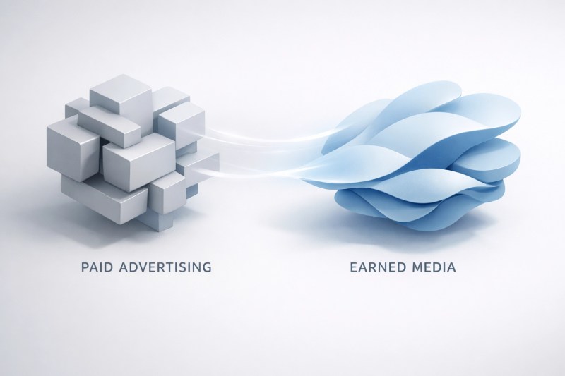 Earned media PR versus paid advertising visual representation