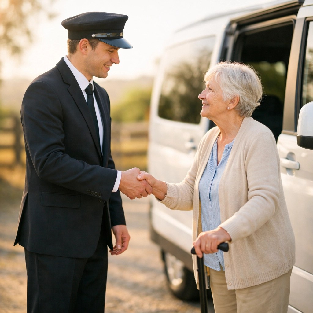 NEMT driver helping an elderly patient into a wheelchair-accessible transport van in a rural driveway.
