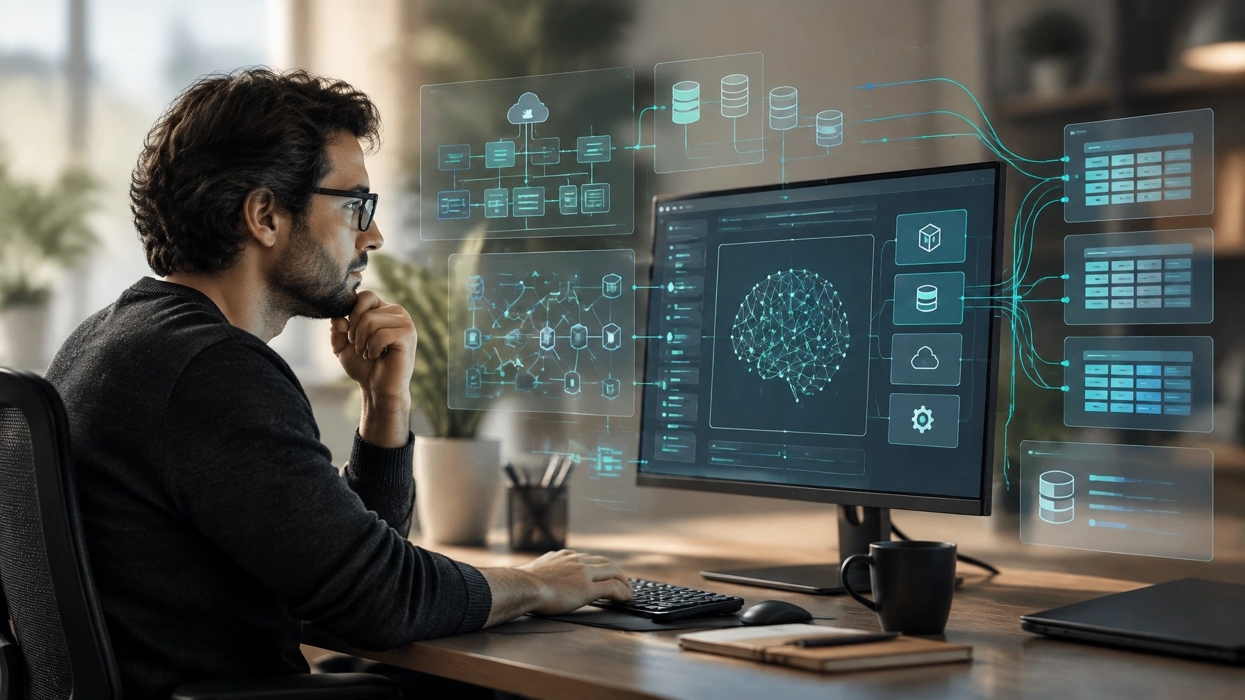 A technical architect structuring connected systems and business workflows at a focused workstation