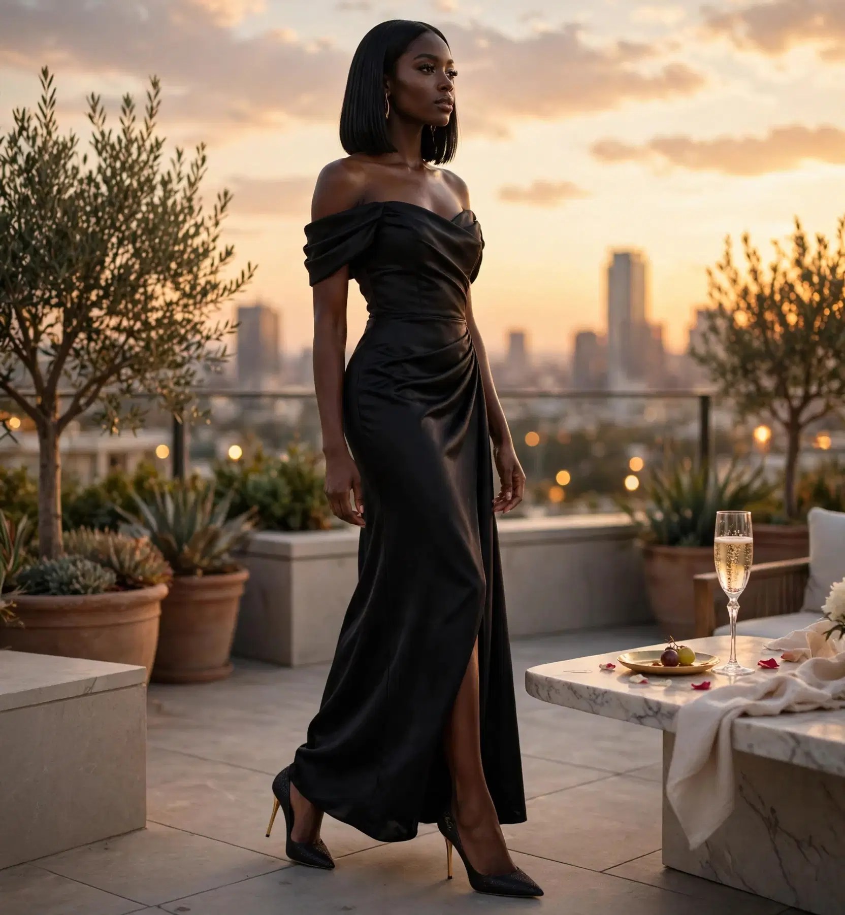 Woman in a black gown wearing Marcella heels on an urban terrace at golden hour