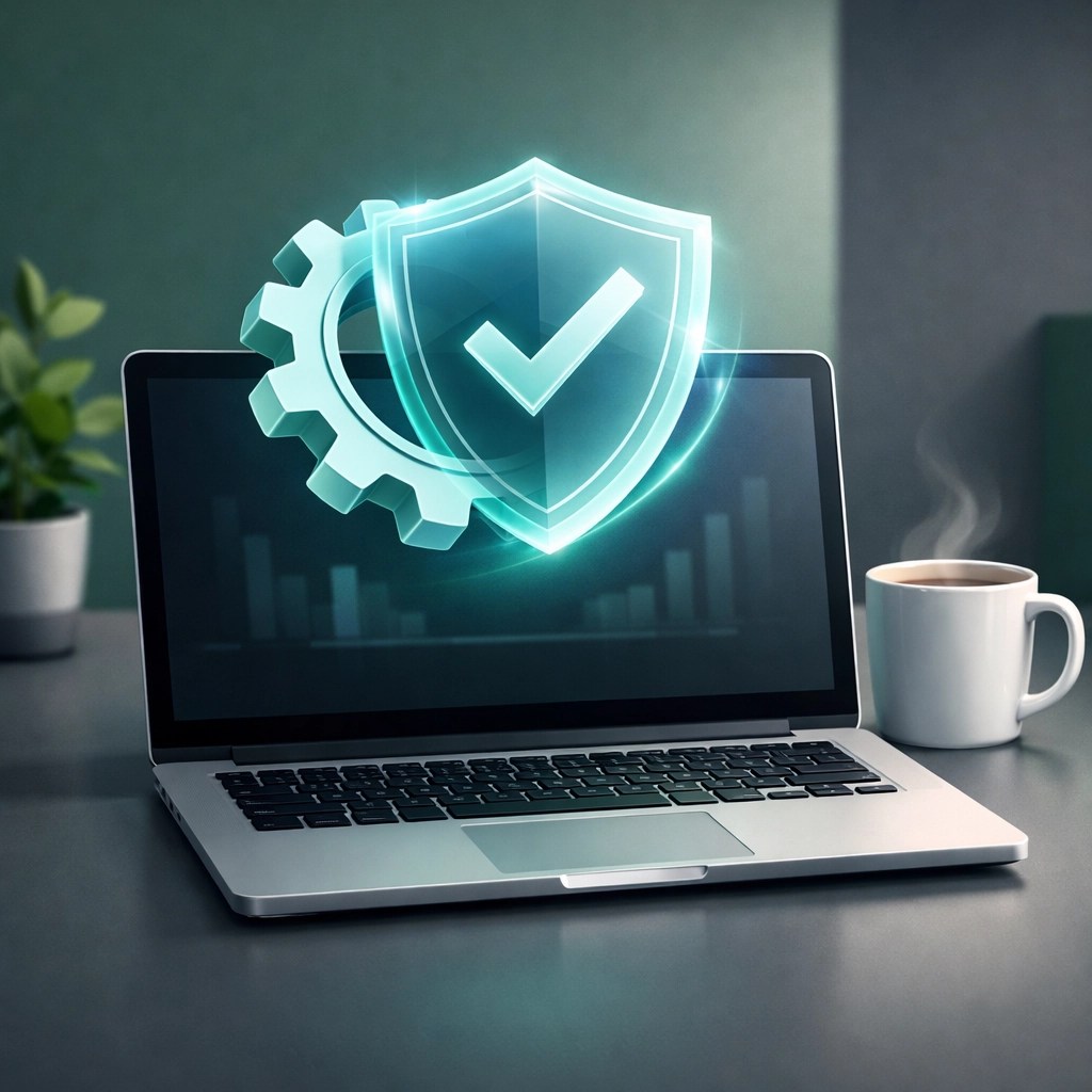 Secure laptop workstation with a shield and gear icon representing remote IT support and performance optimization.