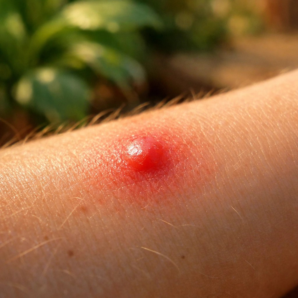 Close-up of a red inflamed mosquito bite on skin needing relief from itching and swelling.