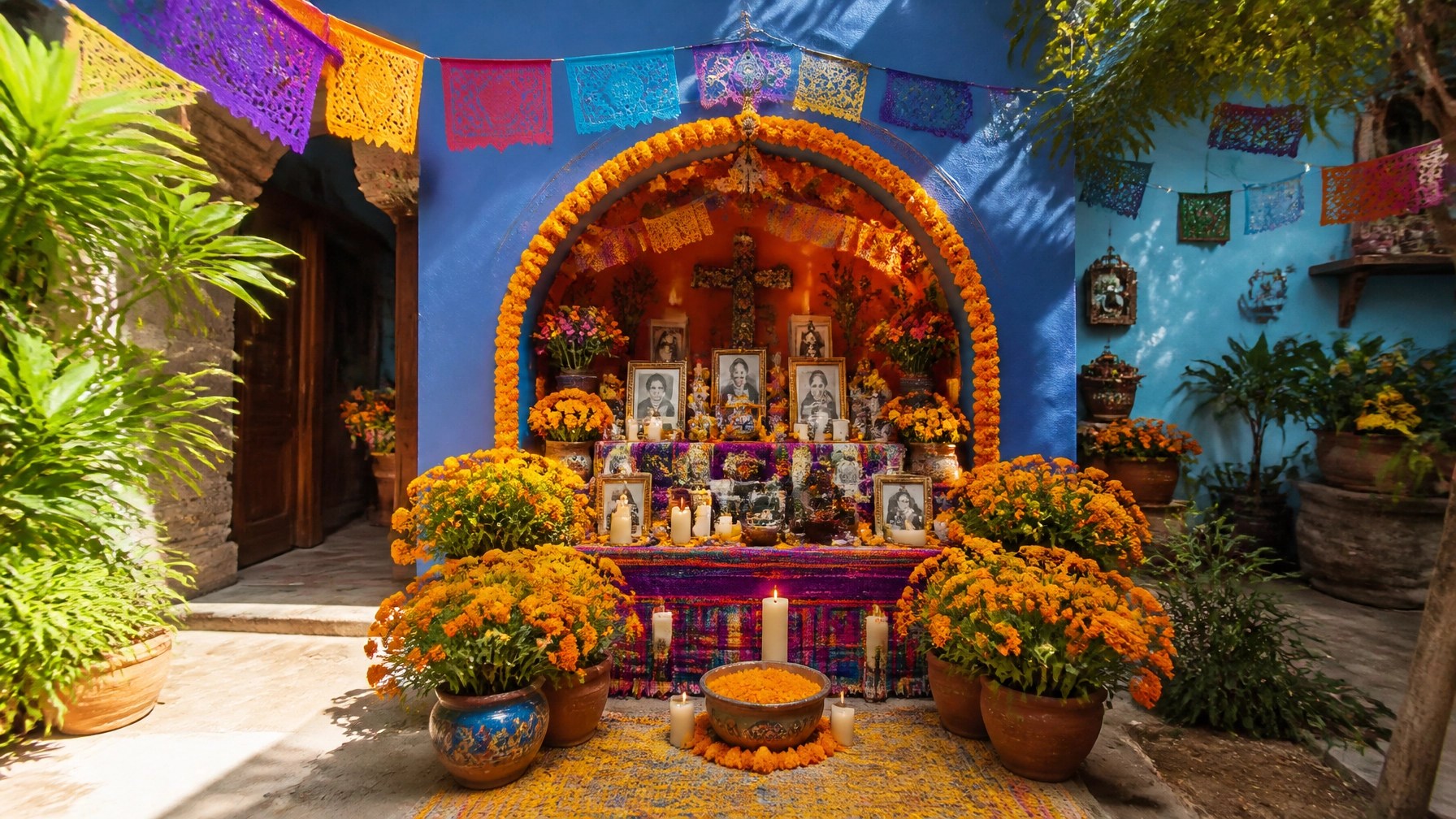 Colourful Día de los Muertos altar decorated with marigolds in Oaxaca